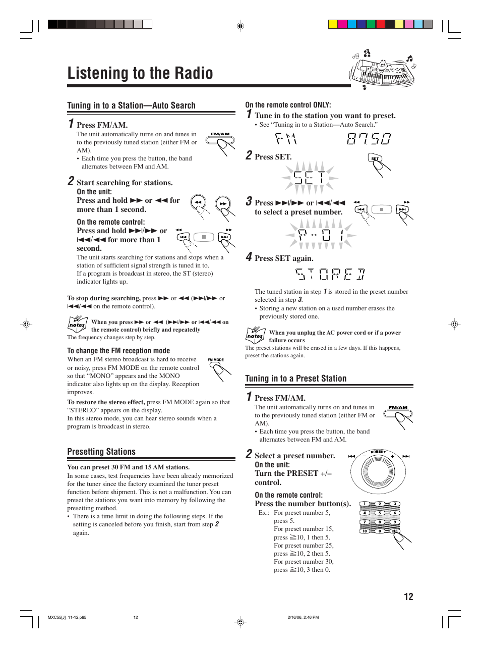 Listening to the radio, Tuning in to a station—auto search, Presetting stations | Tuning in to a preset station | JVC MX-C55 User Manual | Page 15 / 32