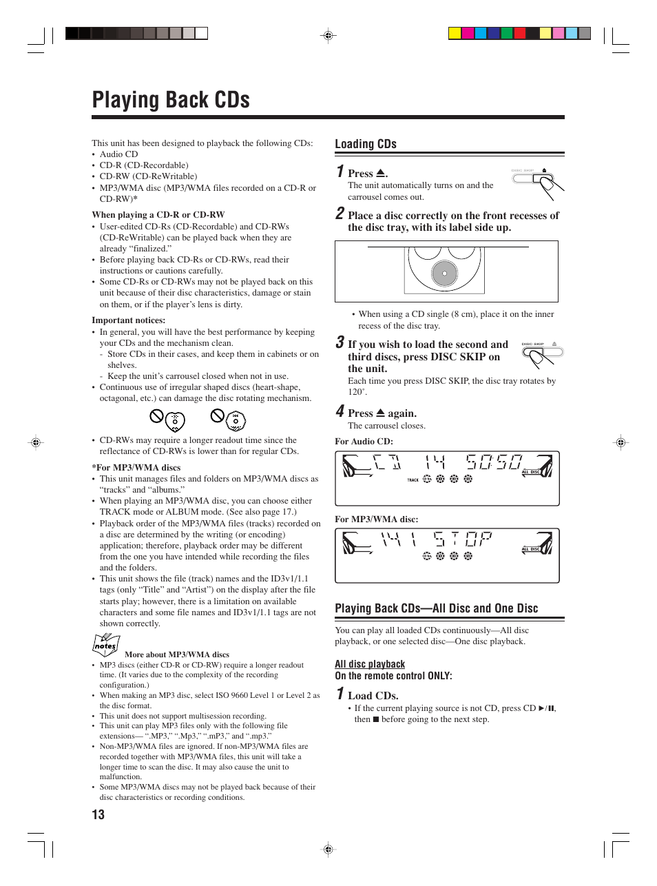 Playing back cds, Loading cds, Playing back cds—all disc and one disc | JVC MX-C55 User Manual | Page 16 / 32