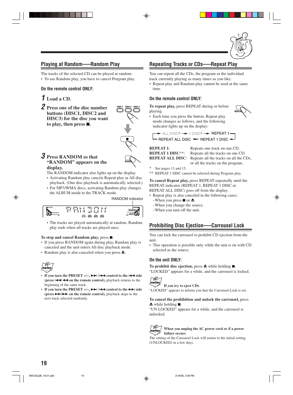Playing at random—–random play, Repeating tracks or cds—–repeat play, Prohibiting disc ejection—–carrousel lock | JVC MX-C55 User Manual | Page 22 / 32