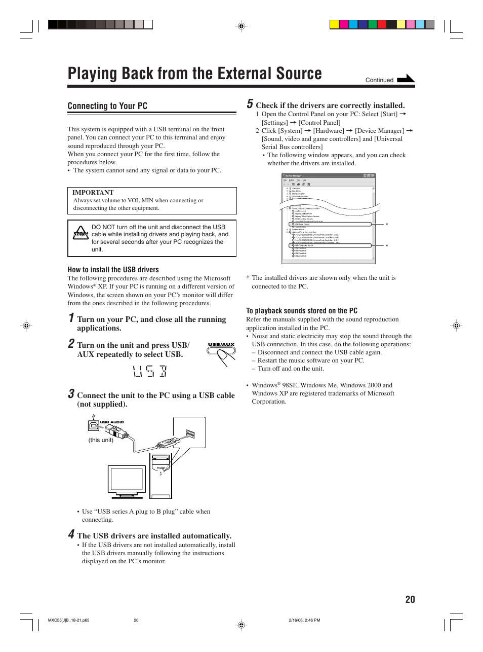 Playing back from the external source, Connecting to your pc | JVC MX-C55 User Manual | Page 23 / 32