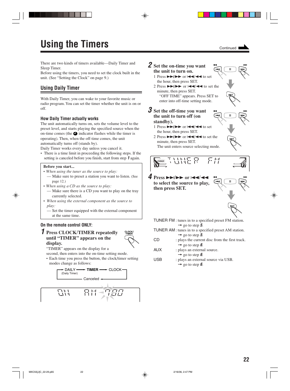 Using the timers, Using daily timer | JVC MX-C55 User Manual | Page 25 / 32