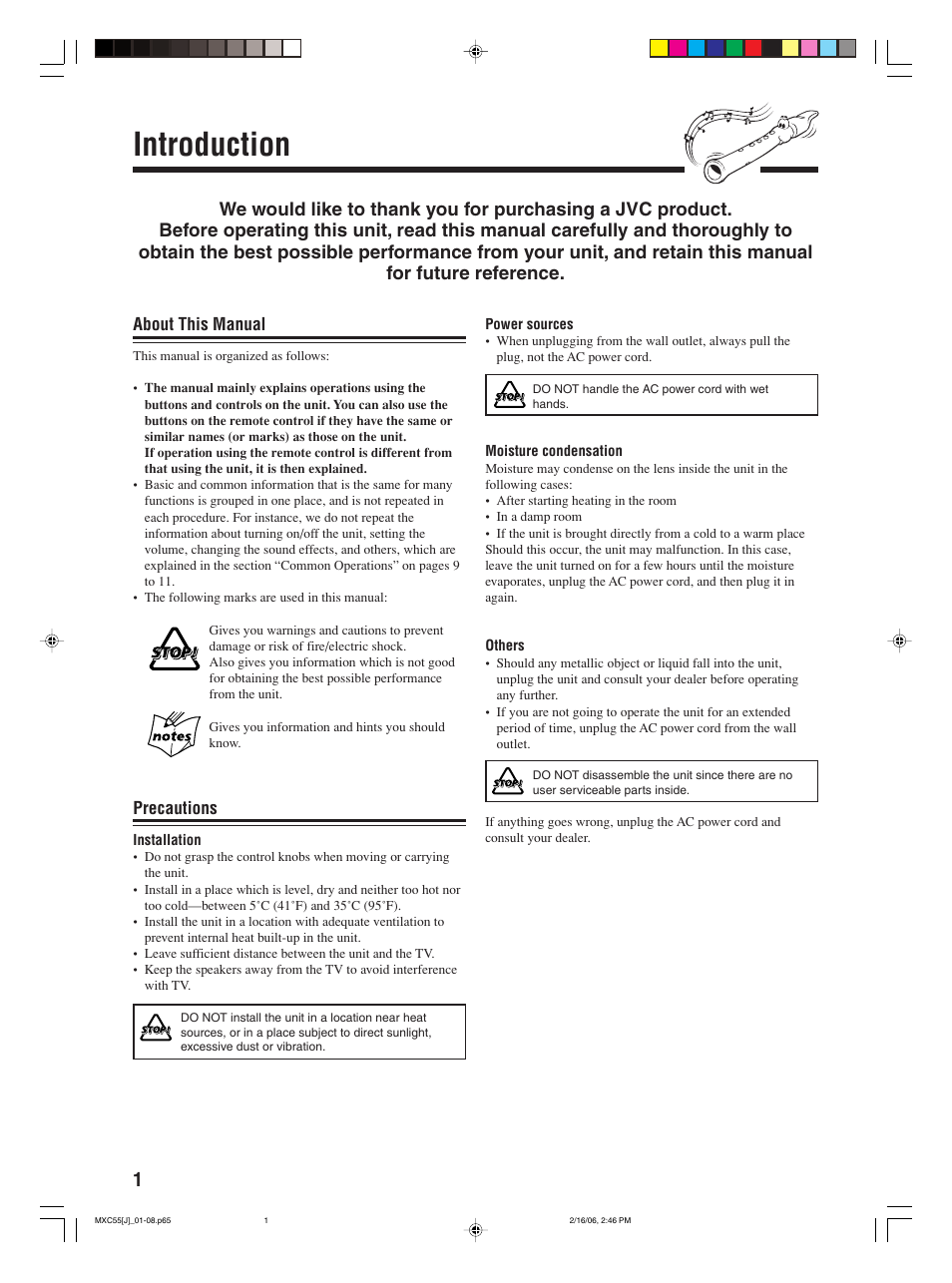 Introduction, About this manual, Precautions | JVC MX-C55 User Manual | Page 4 / 32