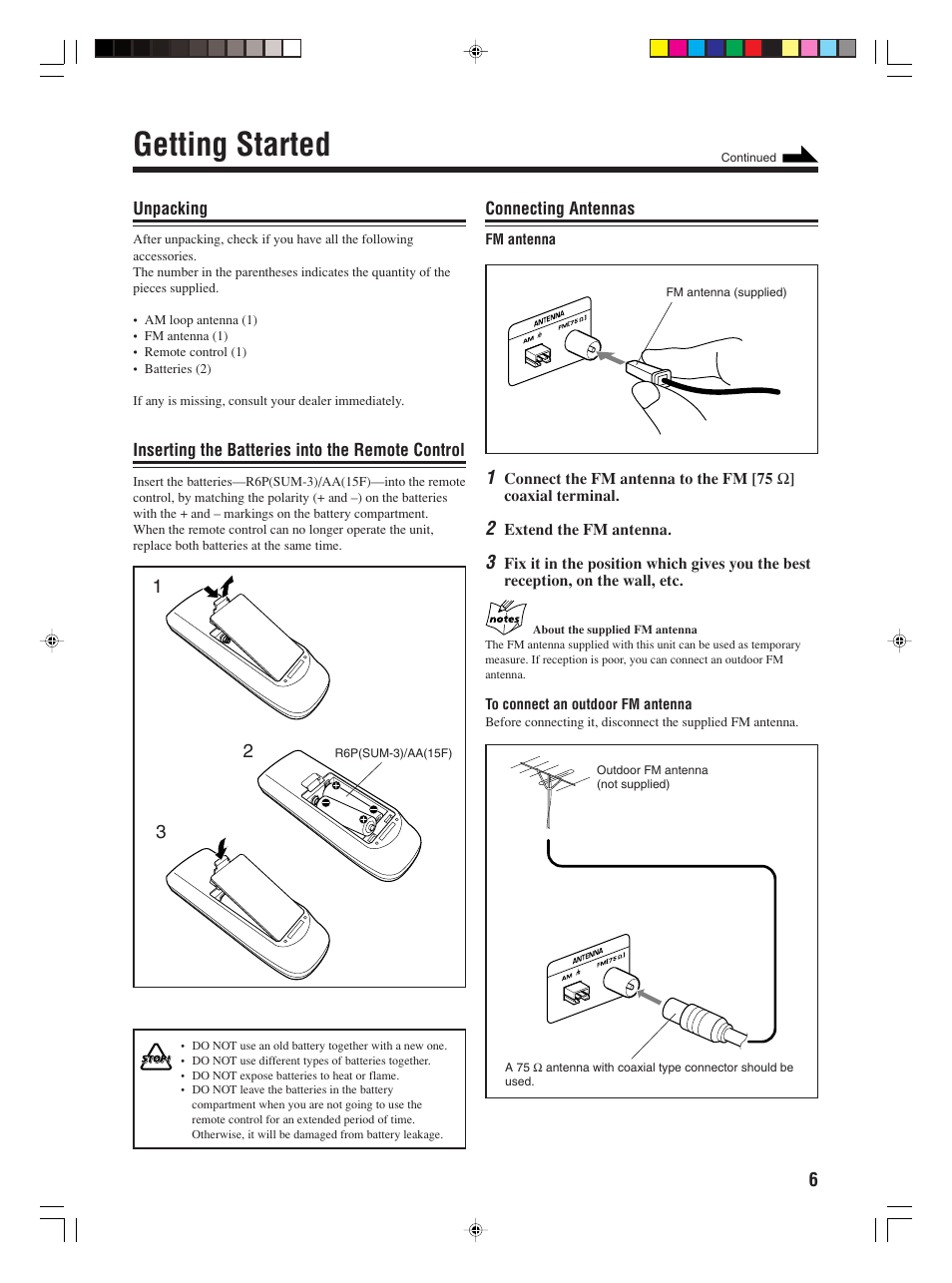 Getting started, Unpacking, Inserting the batteries into the remote control | Connecting antennas | JVC MX-C55 User Manual | Page 9 / 32