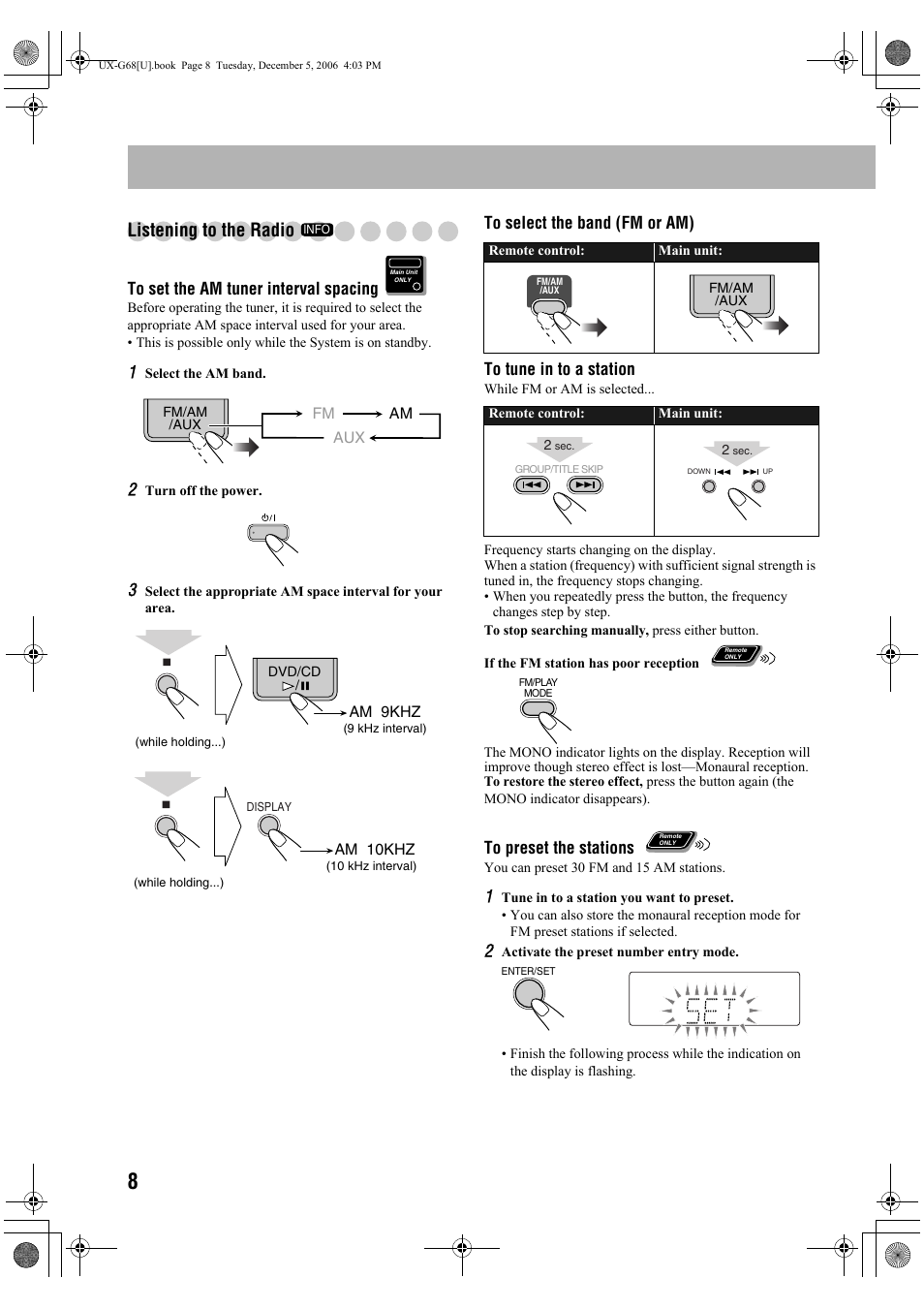 Listening to the radio, Fm am, Am 9khz | Am 10khz | JVC 0207WMKMDCJEM User Manual | Page 10 / 48