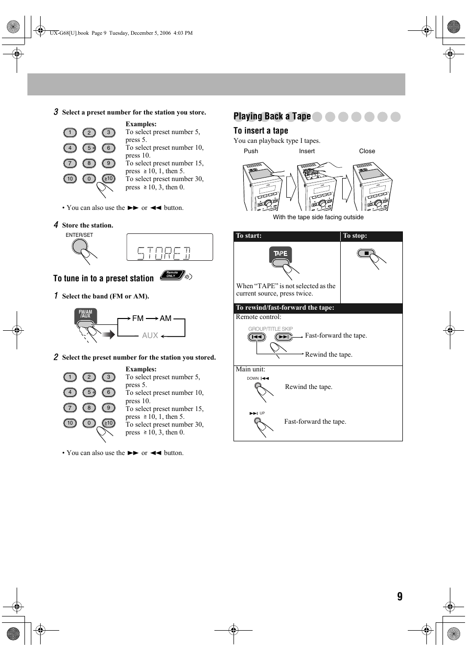 Playing back a tape, Fm am | JVC 0207WMKMDCJEM User Manual | Page 11 / 48