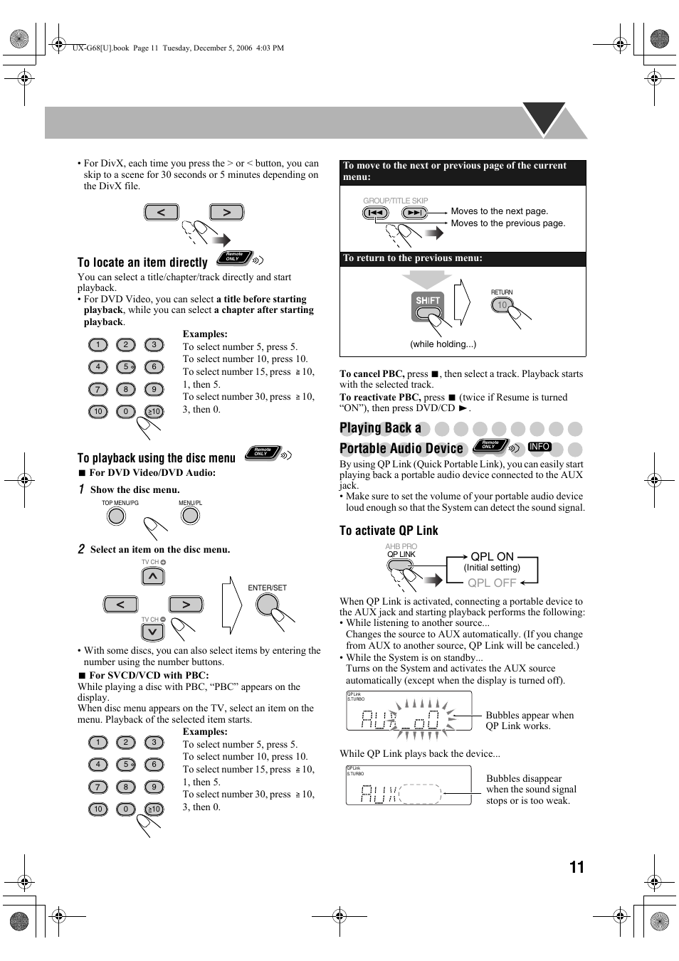 Playing back a portable audio device, Qpl on qpl off, 7for dvd video/dvd audio | Show the disc menu, Bubbles appear when qp link works | JVC 0207WMKMDCJEM User Manual | Page 13 / 48