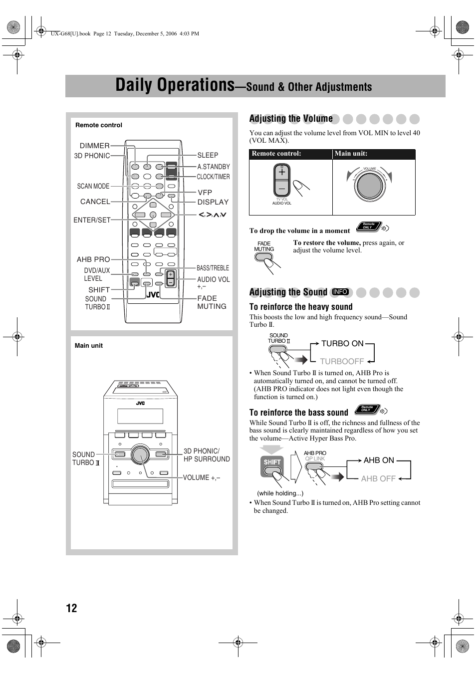 Daily operations—sound & other adjustments, Daily operations, Sound & other adjustments | Adjusting the volume, Adjusting the sound | JVC 0207WMKMDCJEM User Manual | Page 14 / 48