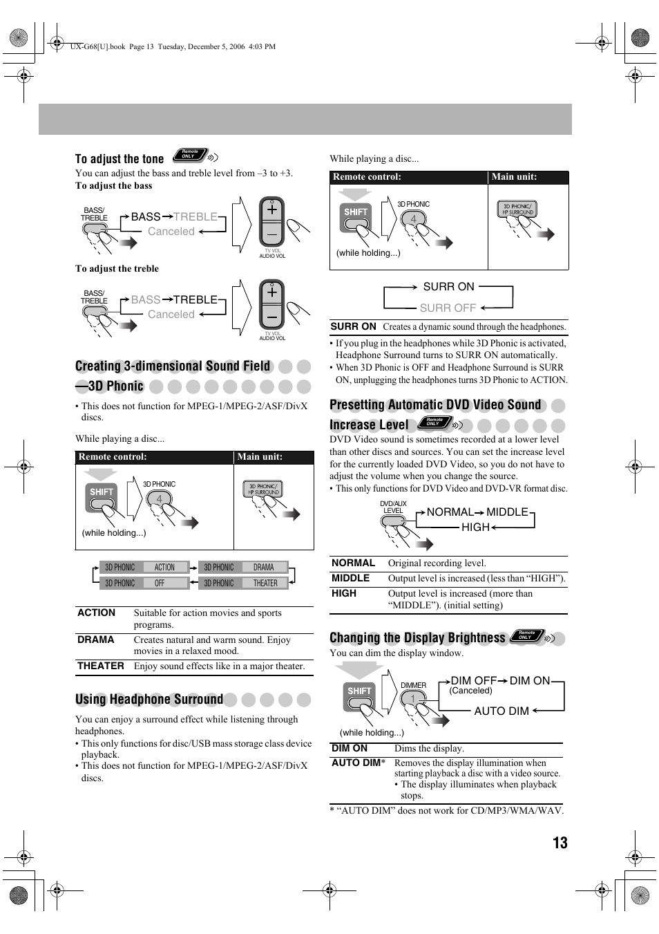 Creating 3-dimensional sound field —3d phonic, Using headphone surround, Changing the display brightness | JVC 0207WMKMDCJEM User Manual | Page 15 / 48