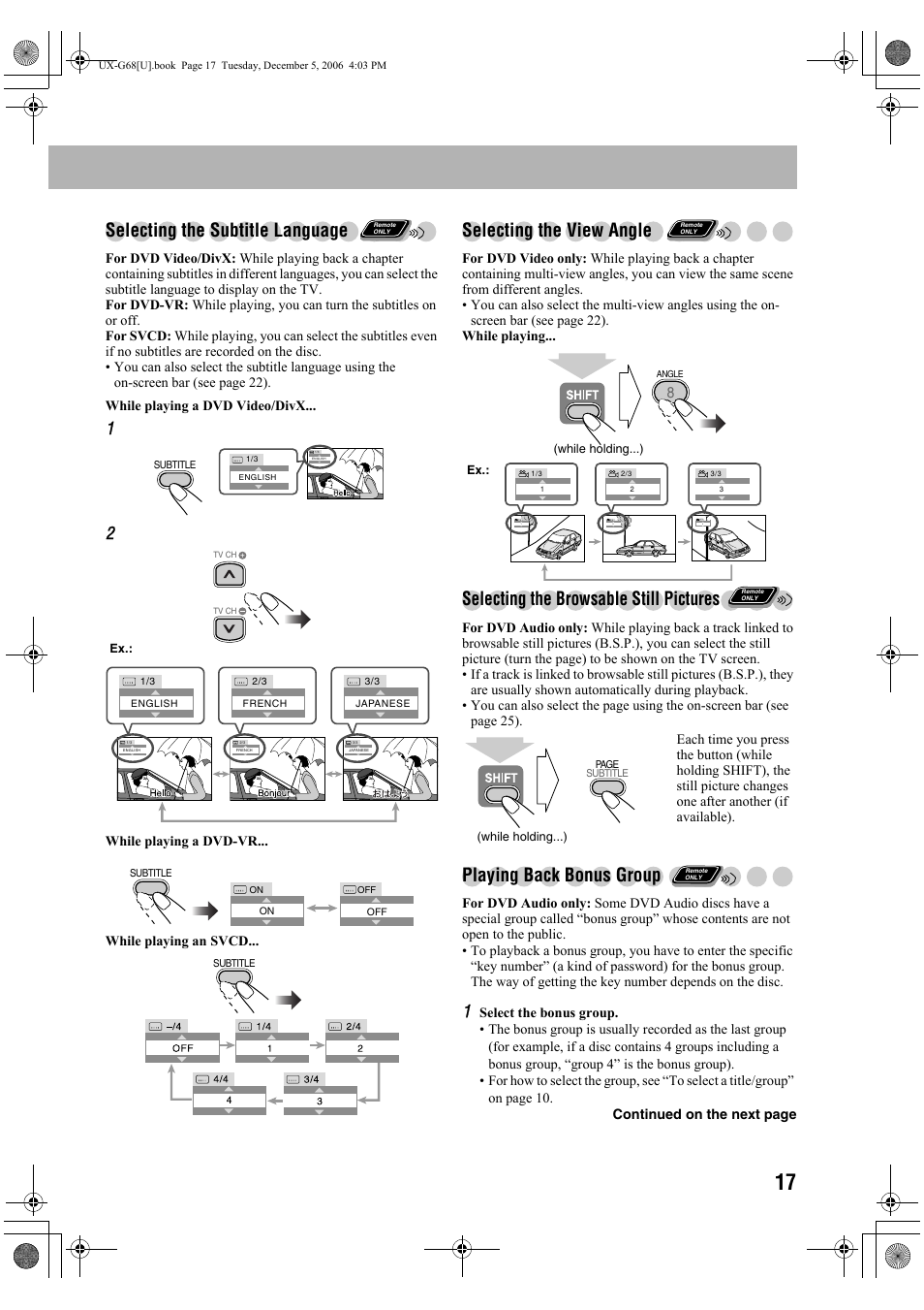 Selecting the subtitle language, Selecting the view angle, Selecting the browsable still pictures | Playing back bonus group, While playing a dvd-vr... while playing an svcd | JVC 0207WMKMDCJEM User Manual | Page 19 / 48