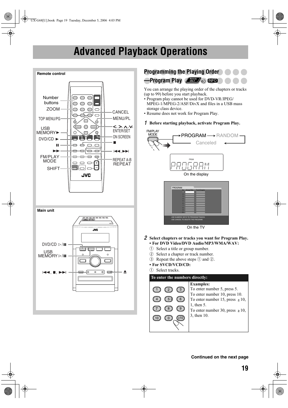Advanced playback operations, Programming the playing order —program play, Program random | Canceled | JVC 0207WMKMDCJEM User Manual | Page 21 / 48
