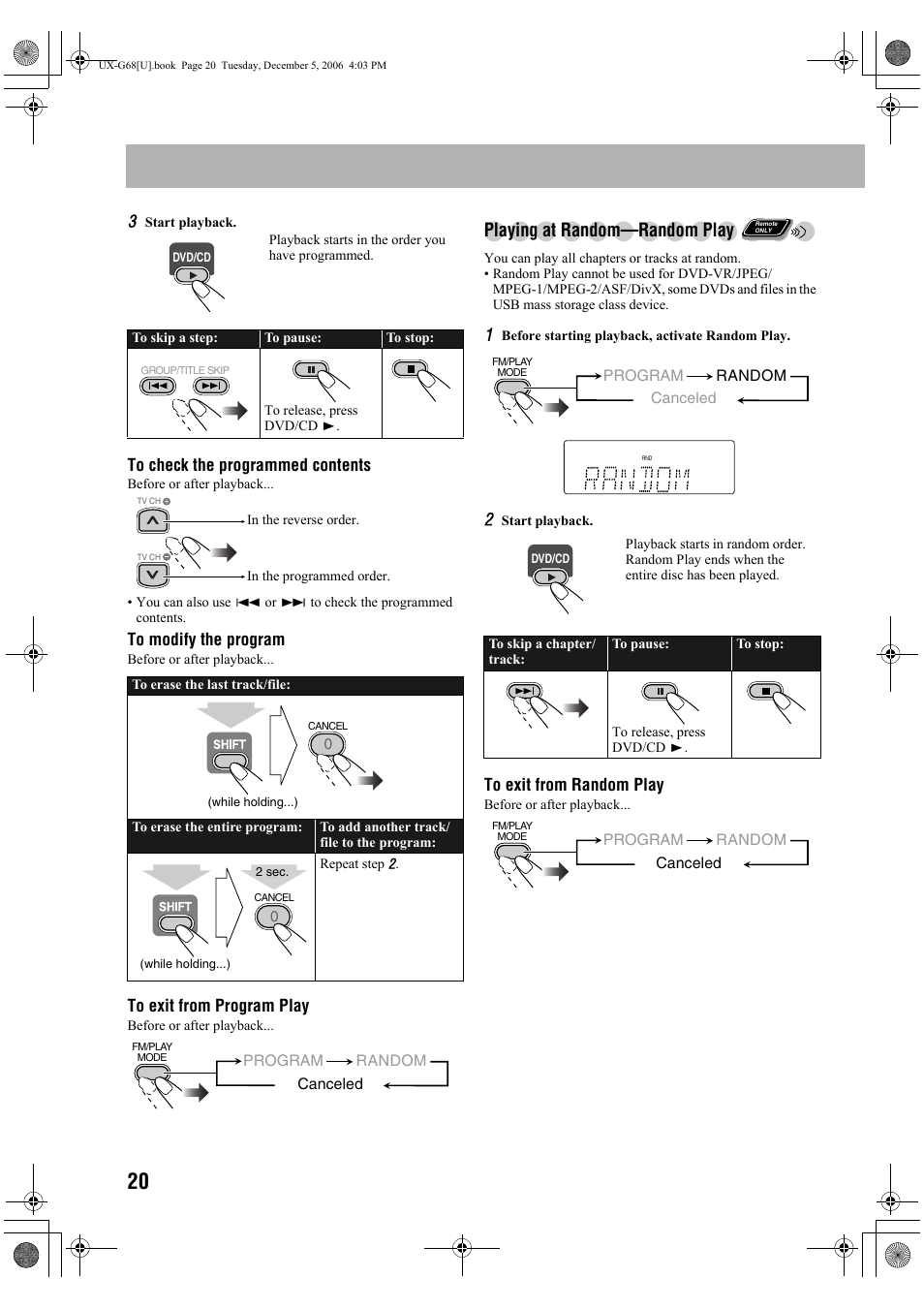 Playing at random—random play, Program random | JVC 0207WMKMDCJEM User Manual | Page 22 / 48