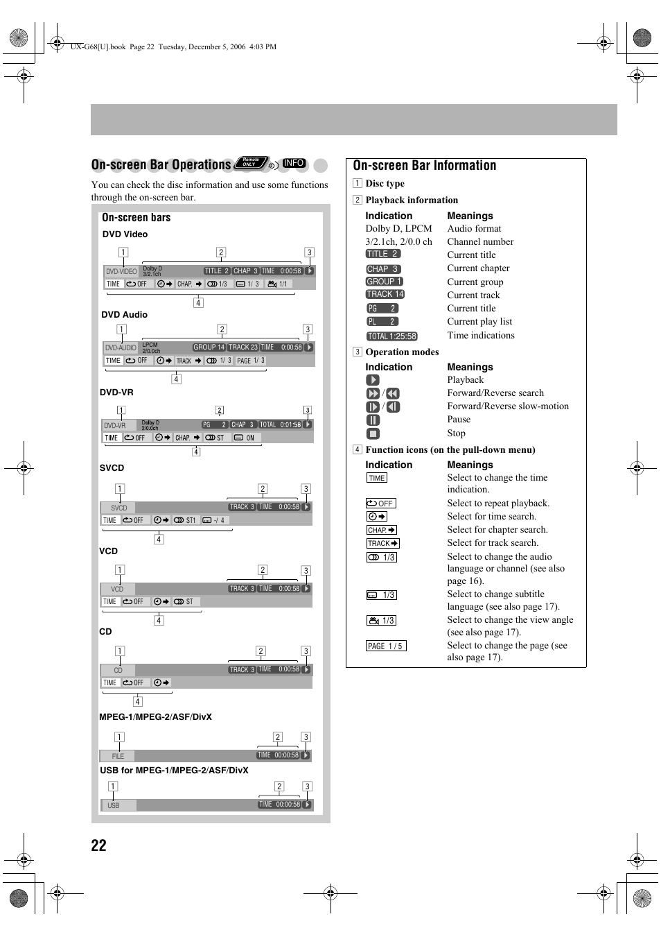 On-screen bar operations, On-screen bar information | JVC 0207WMKMDCJEM User Manual | Page 24 / 48