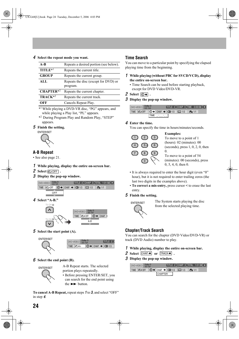 A-b repeat, Time search, Chapter/track search | JVC 0207WMKMDCJEM User Manual | Page 26 / 48