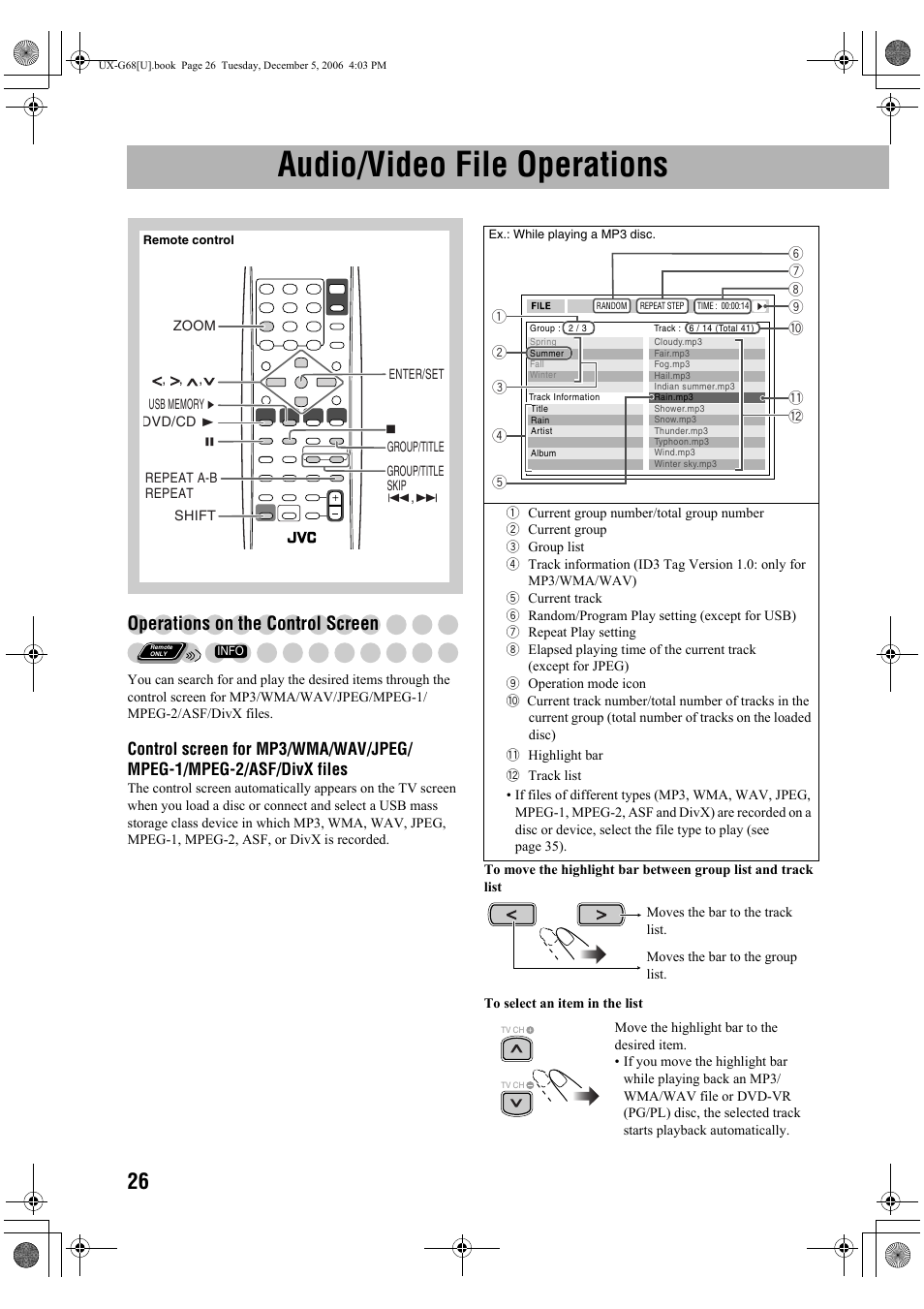 Audio/video file operations, Operations on the control screen | JVC 0207WMKMDCJEM User Manual | Page 28 / 48