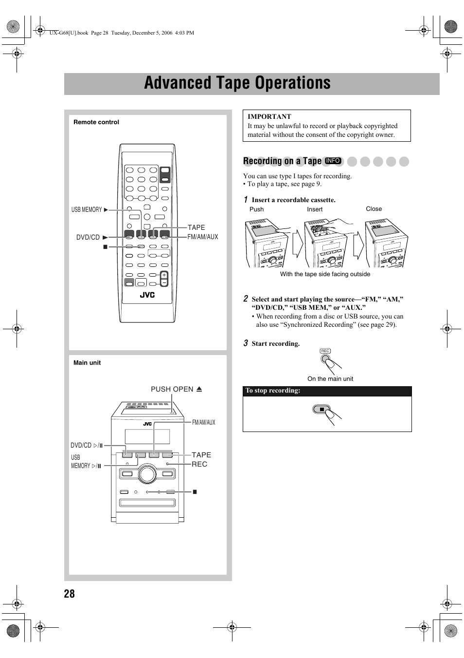 Advanced tape operations, Recording on a tape | JVC 0207WMKMDCJEM User Manual | Page 30 / 48