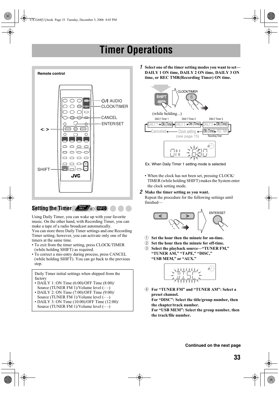Timer operations, Setting the timer, Clock setting | Daily 1 on (time), Daily 2, Daily 3 on (time), Canceled (while holding...) rec tmr on (time), Continued on the next page | JVC 0207WMKMDCJEM User Manual | Page 35 / 48