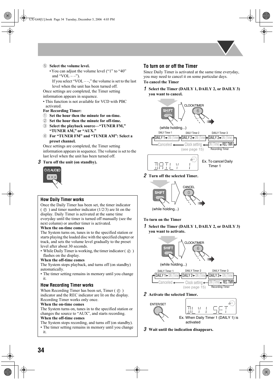 How daily timer works, How recording timer works, Clock setting | JVC 0207WMKMDCJEM User Manual | Page 36 / 48