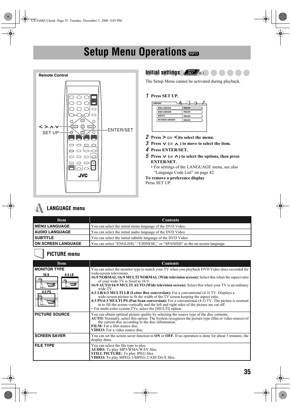 Setup menu operations, Initial settings, Language menu picture menu | JVC 0207WMKMDCJEM User Manual | Page 37 / 48