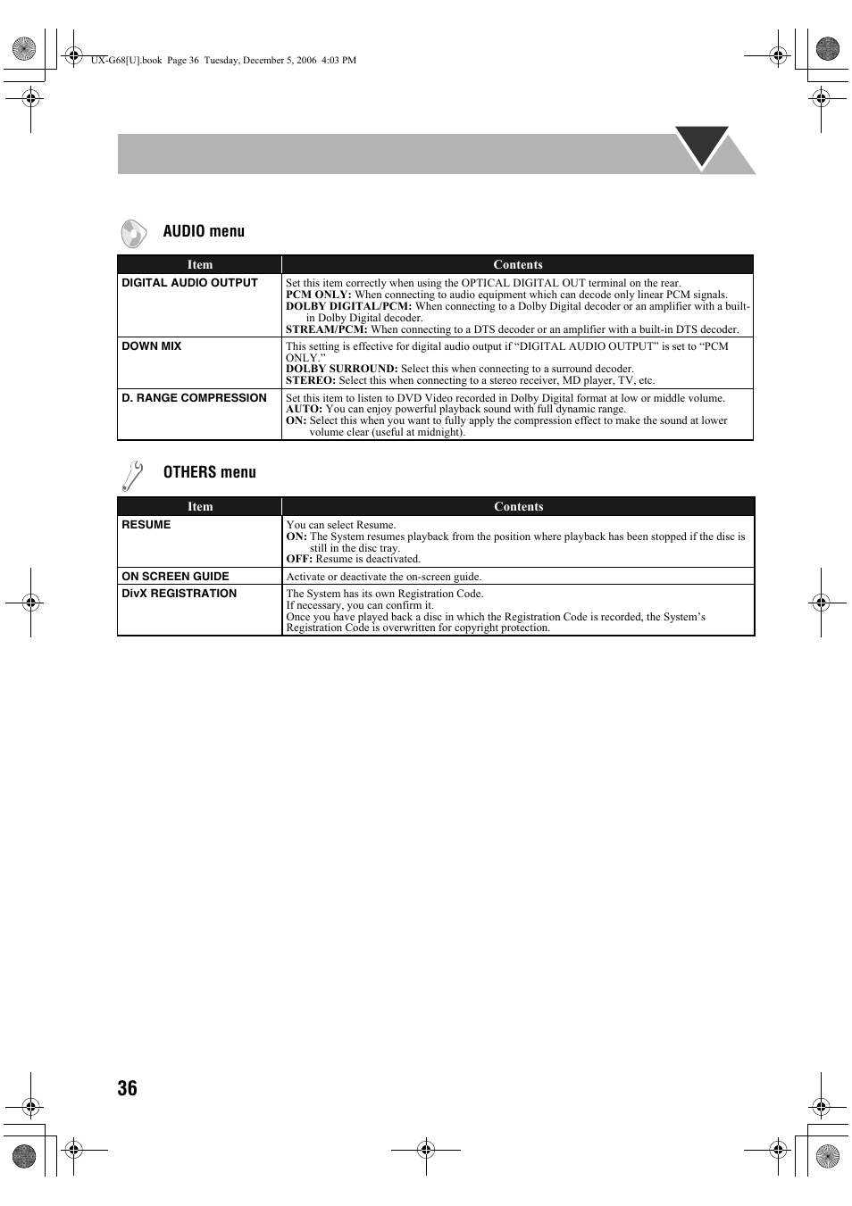 Audio menu, Others menu | JVC 0207WMKMDCJEM User Manual | Page 38 / 48