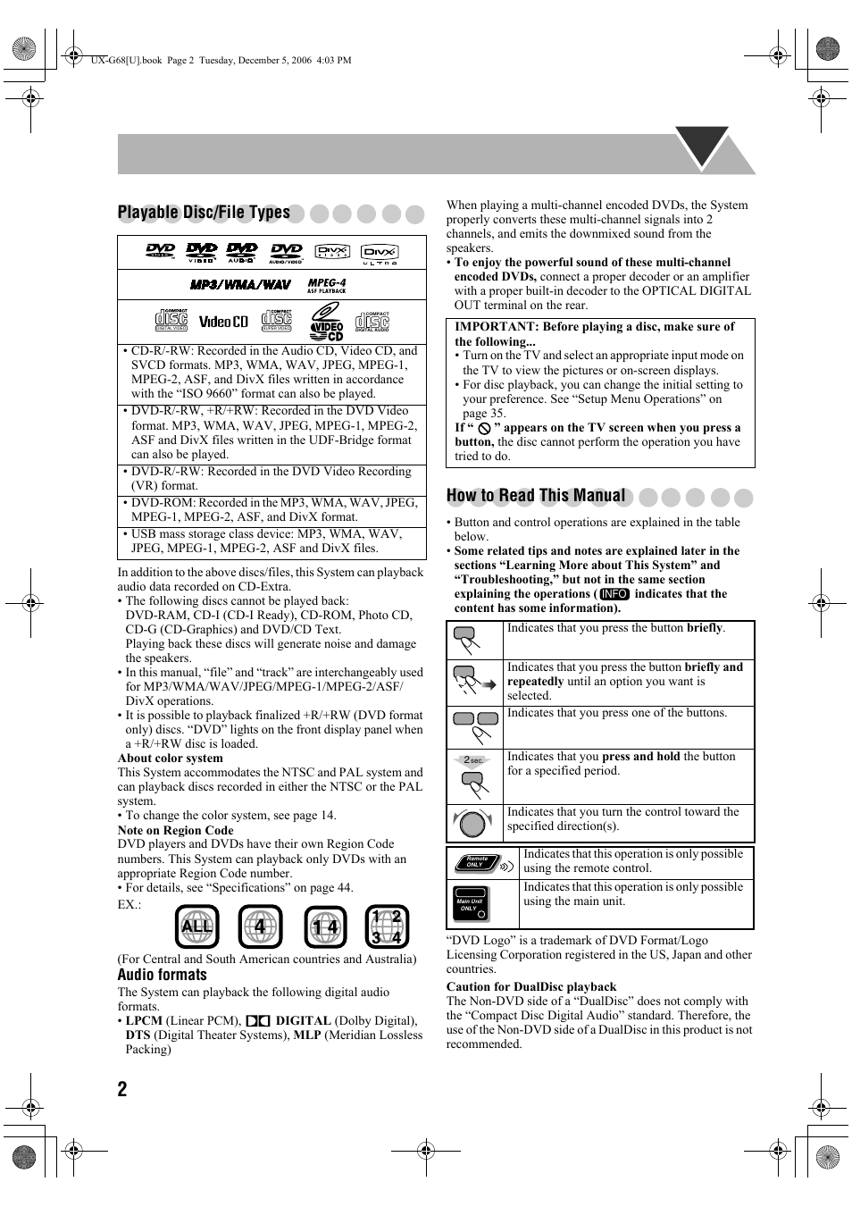 Playable disc/file types, How to read this manual, Audio formats | JVC 0207WMKMDCJEM User Manual | Page 4 / 48