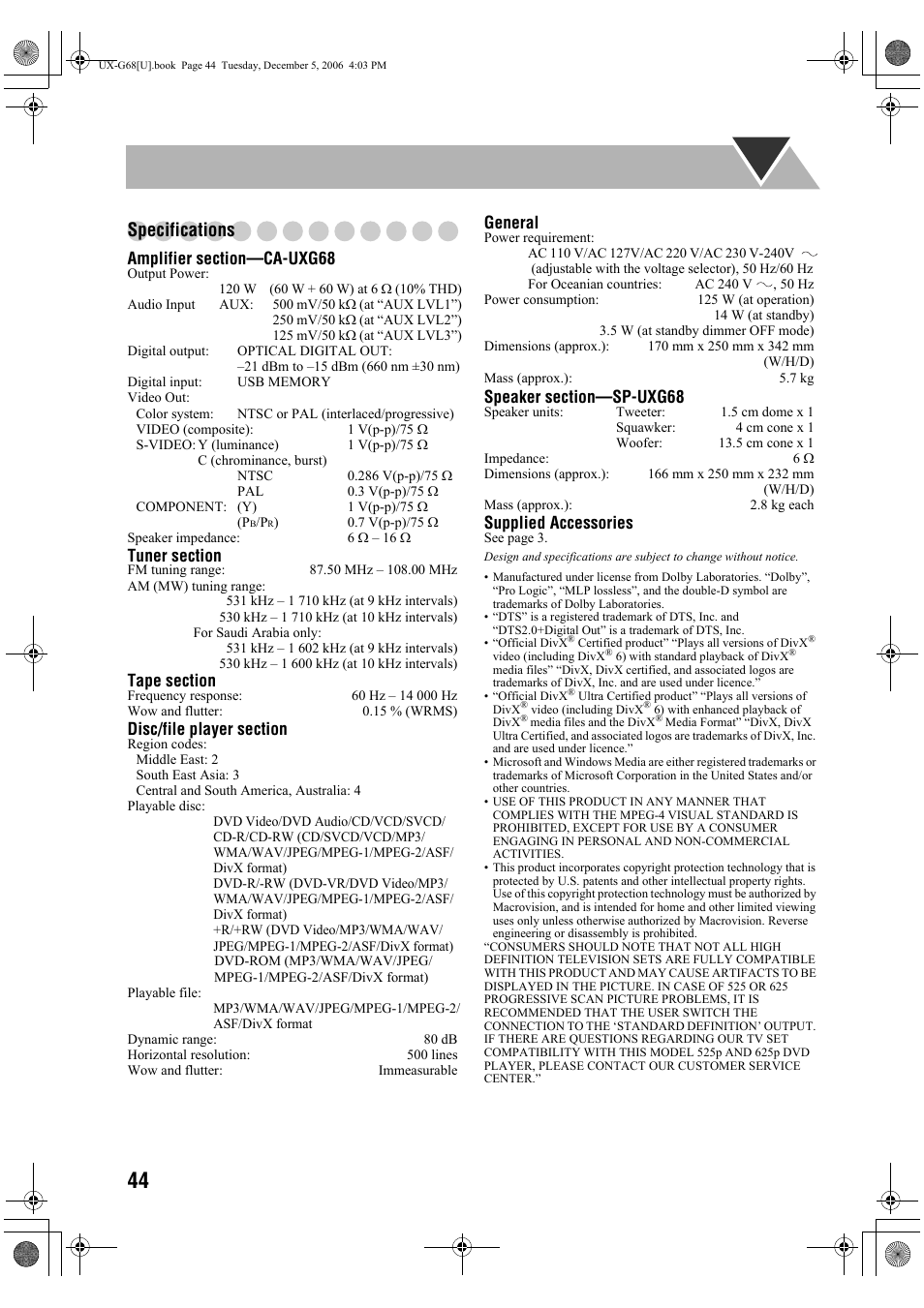 Specifications, General, Supplied accessories | JVC 0207WMKMDCJEM User Manual | Page 46 / 48