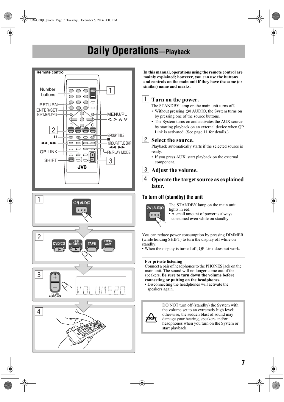 Daily operations—playback, Daily operations, Playback | Turn on the power, Select the source, Adjust the volume, Operate the target source as explained later | JVC 0207WMKMDCJEM User Manual | Page 9 / 48