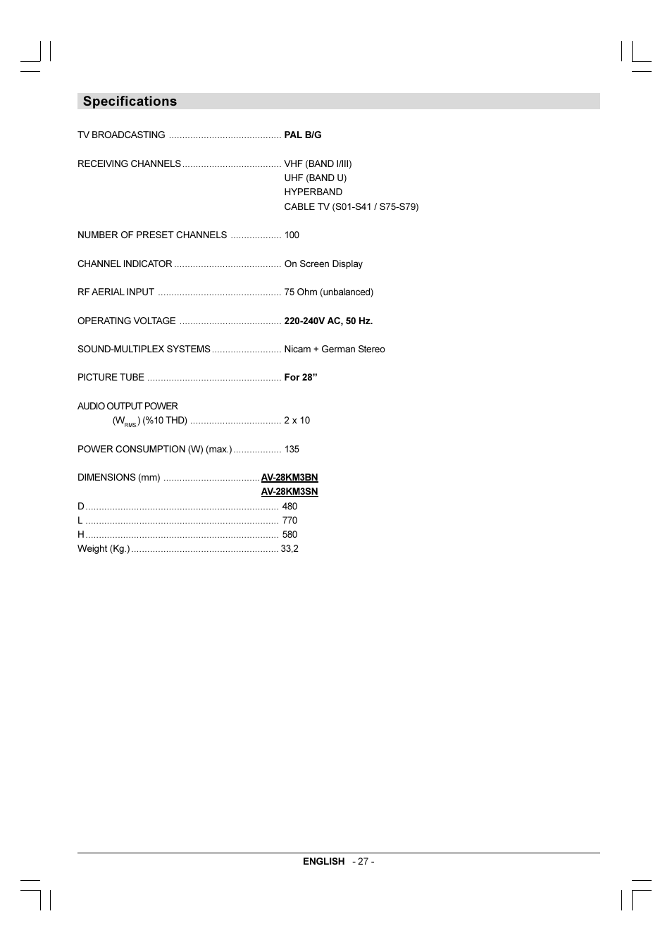 Specifications | JVC AV-28KM3BN User Manual | Page 14 / 14