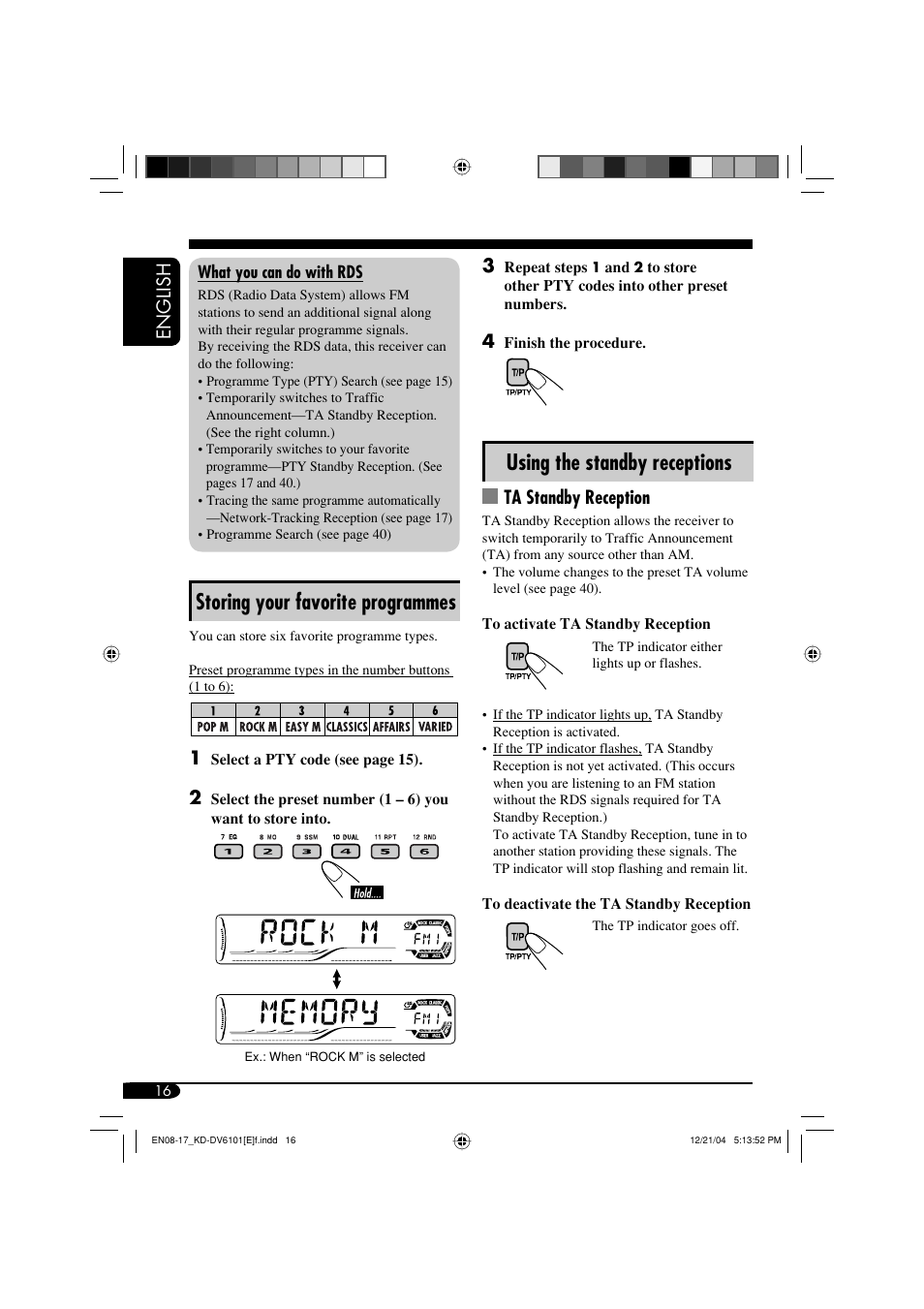 Storing your favorite programmes, Using the standby receptions, English | Ta standby reception | JVC KD-DV6102 User Manual | Page 16 / 68