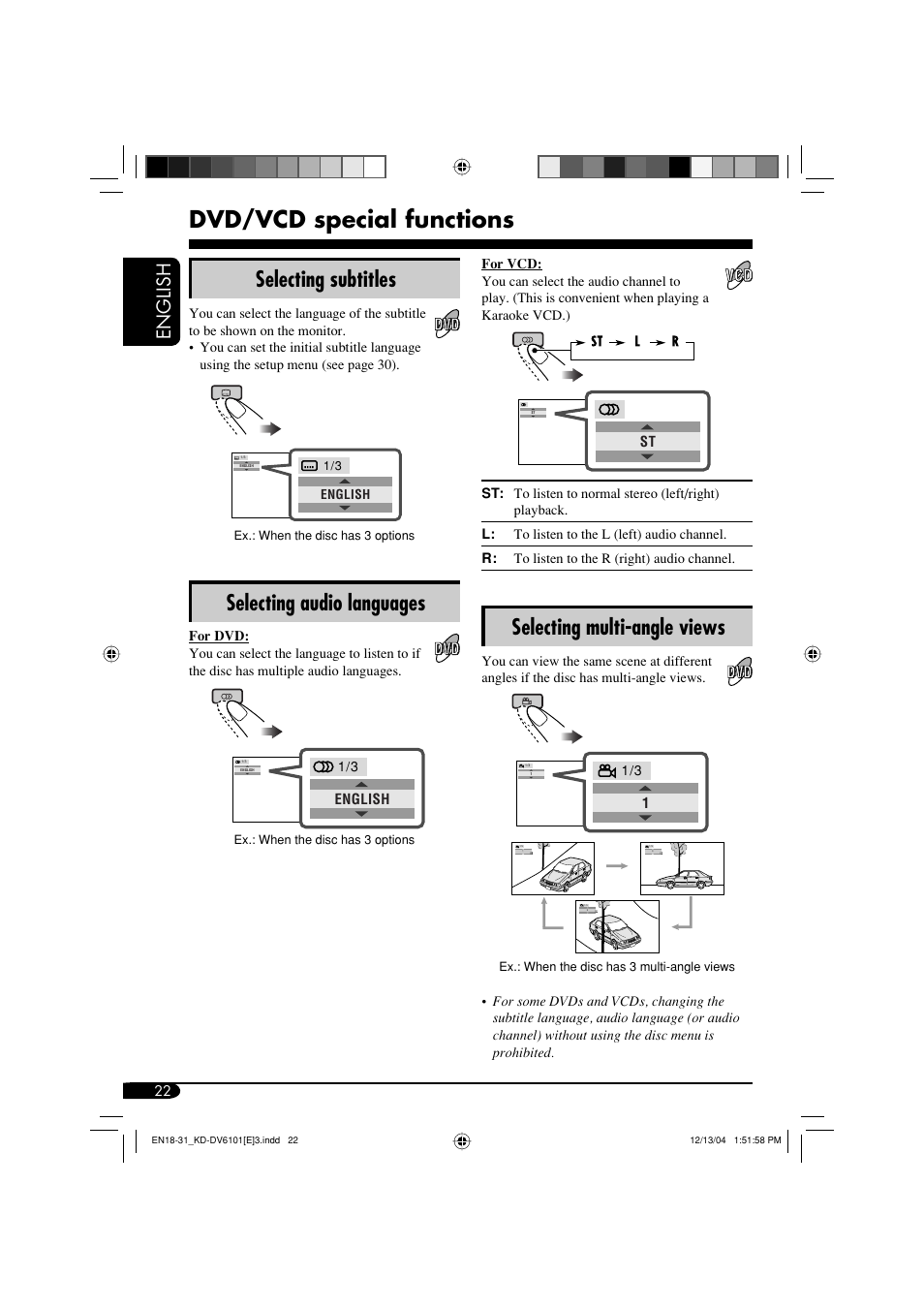 Dvd/vcd special functions, Selecting subtitles, Selecting audio languages | Selecting multi-angle views, English | JVC KD-DV6102 User Manual | Page 22 / 68