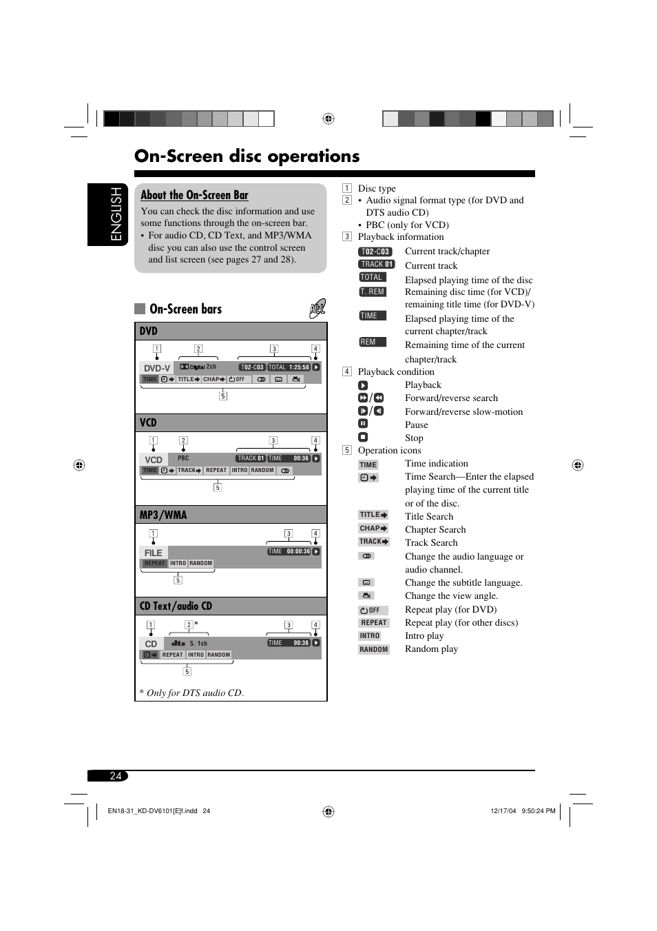 On-screen disc operations, English, On-screen bars | About the on-screen bar | JVC KD-DV6102 User Manual | Page 24 / 68