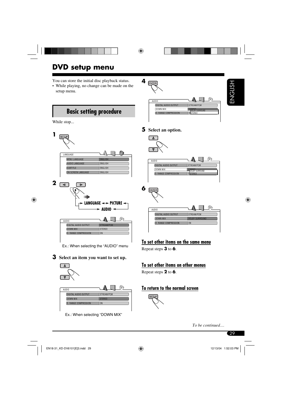 Dvd setup menu, Basic setting procedure, English | Select an item you want to set up, Select an option | JVC KD-DV6102 User Manual | Page 29 / 68
