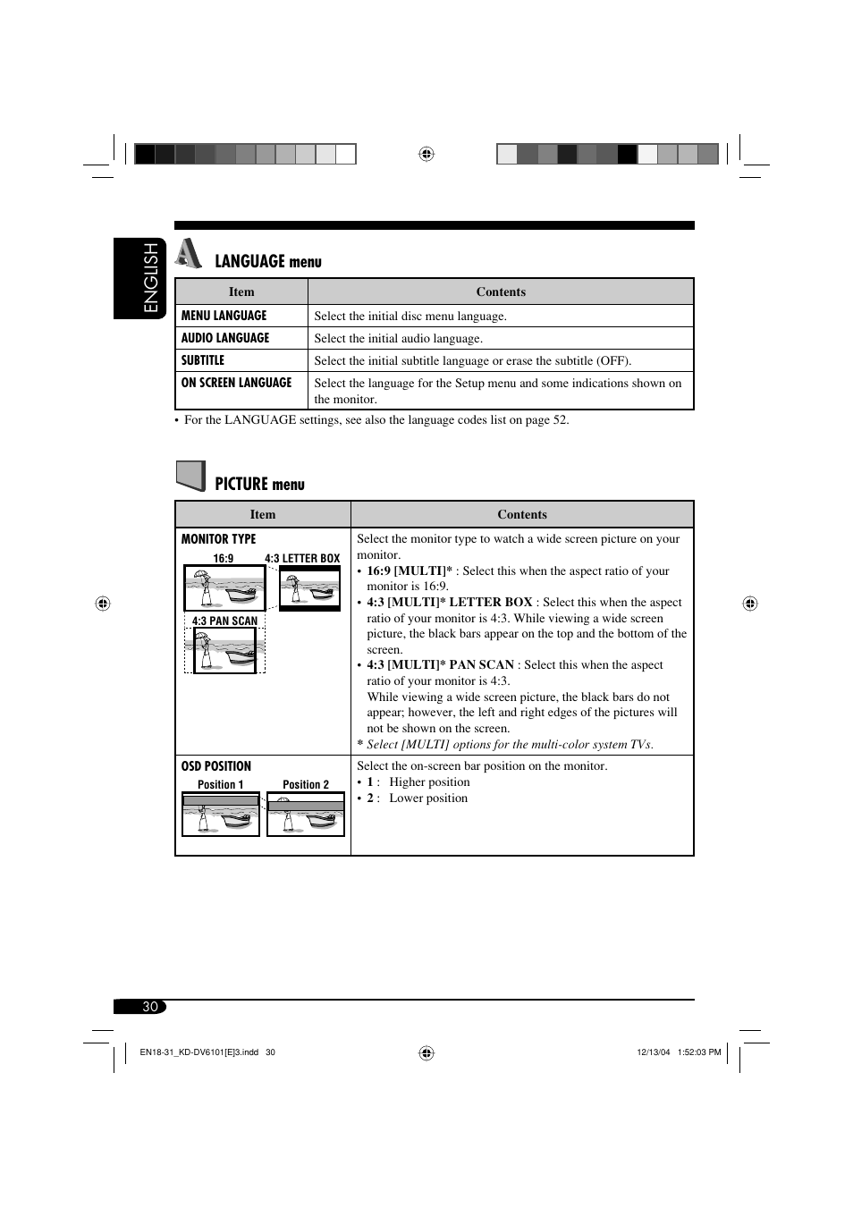 English language menu, Picture menu | JVC KD-DV6102 User Manual | Page 30 / 68