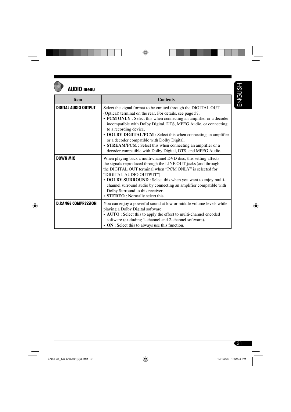 English audio menu | JVC KD-DV6102 User Manual | Page 31 / 68