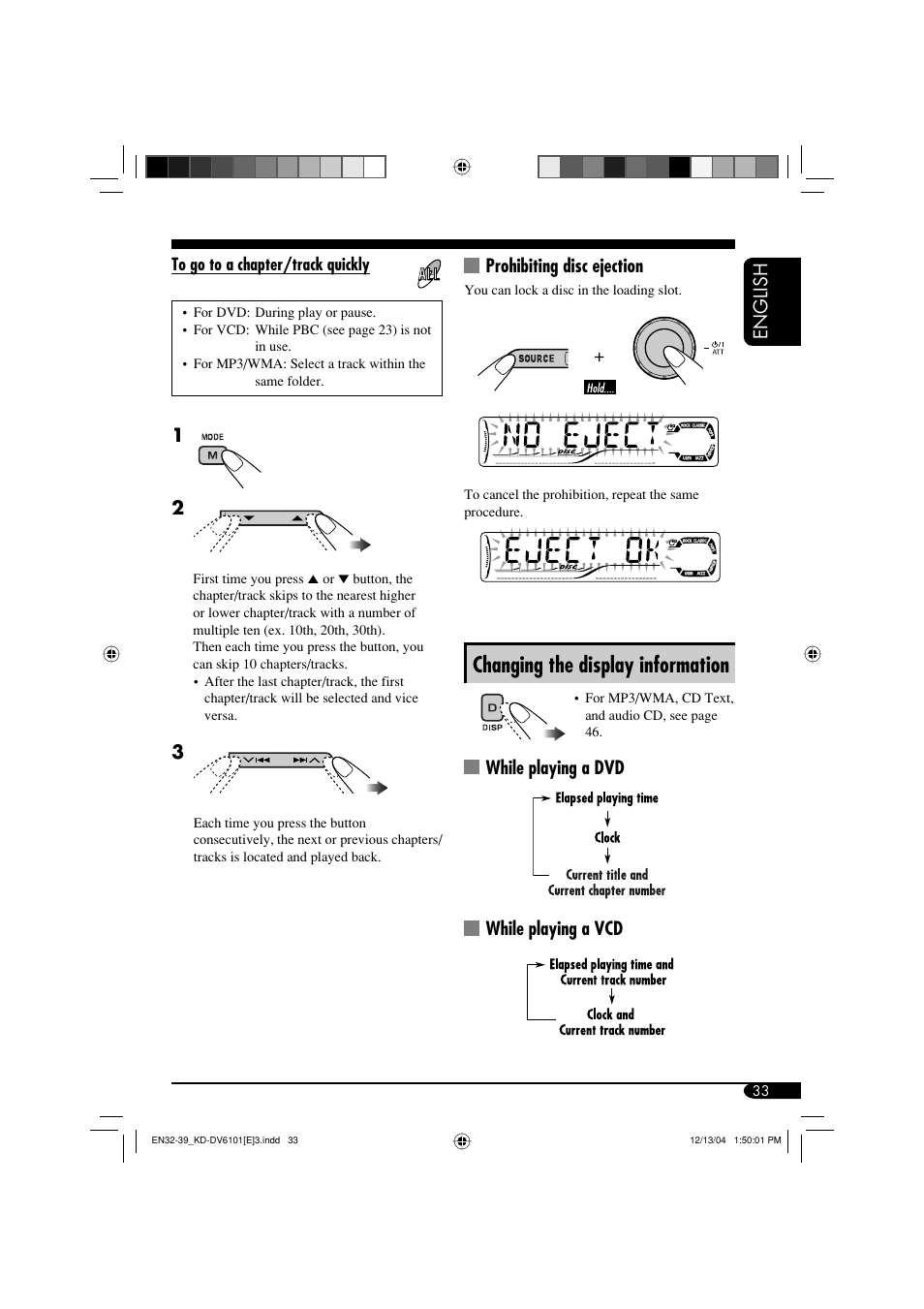 Changing the display information, English, Prohibiting disc ejection | While playing a dvd while playing a vcd | JVC KD-DV6102 User Manual | Page 33 / 68