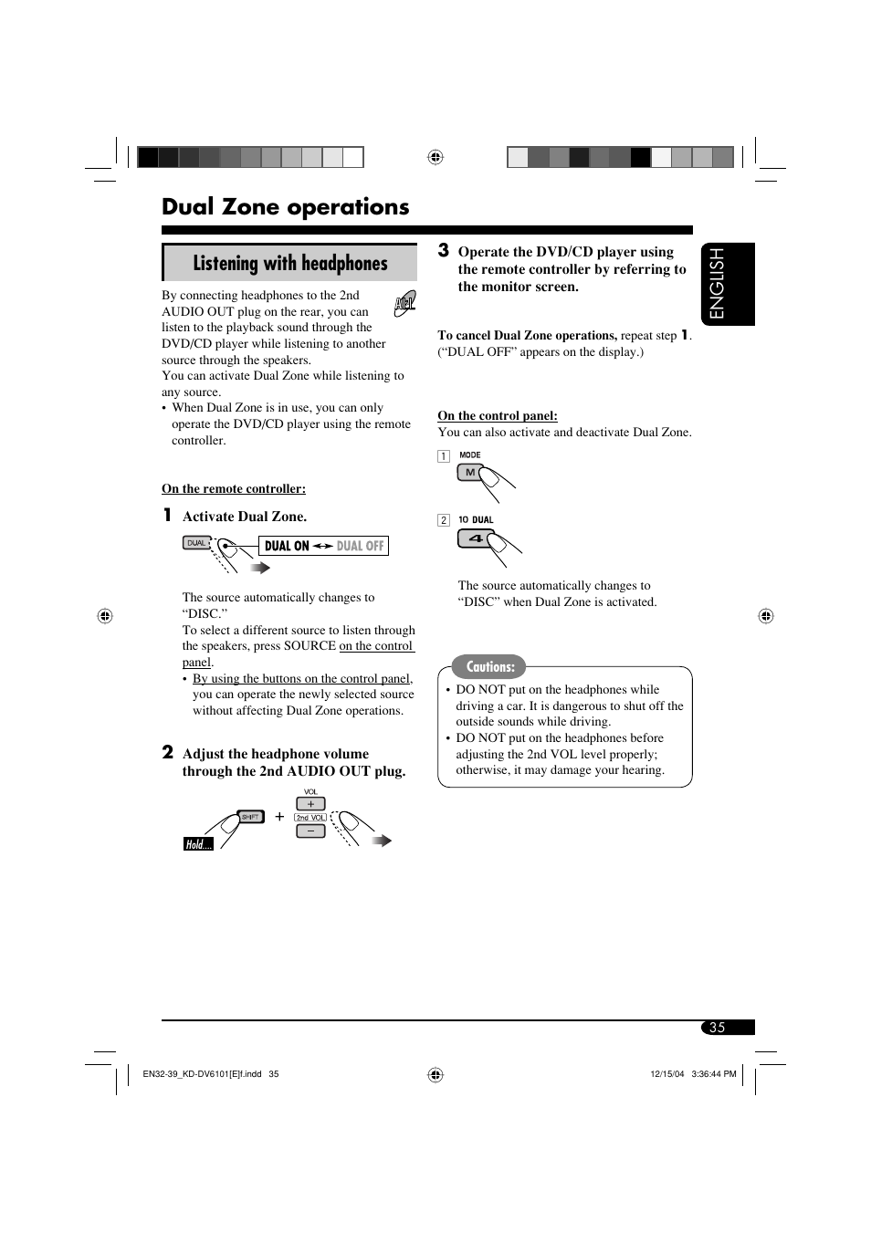 Dual zone operations, Listening with headphones, English | JVC KD-DV6102 User Manual | Page 35 / 68