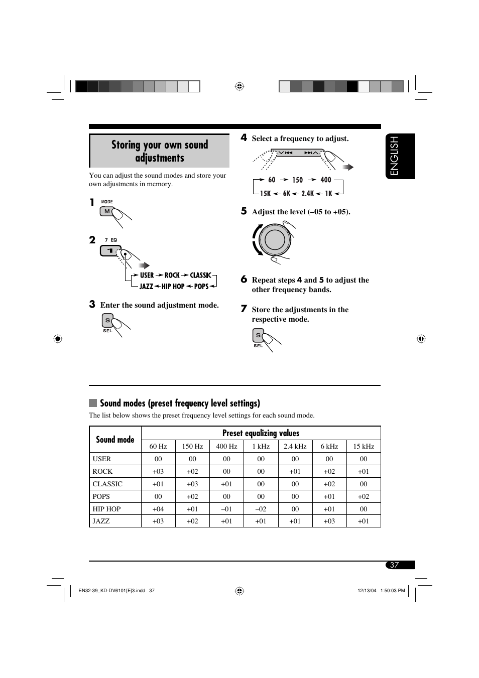 Storing your own sound adjustments, English 4, Sound modes (preset frequency level settings) | JVC KD-DV6102 User Manual | Page 37 / 68