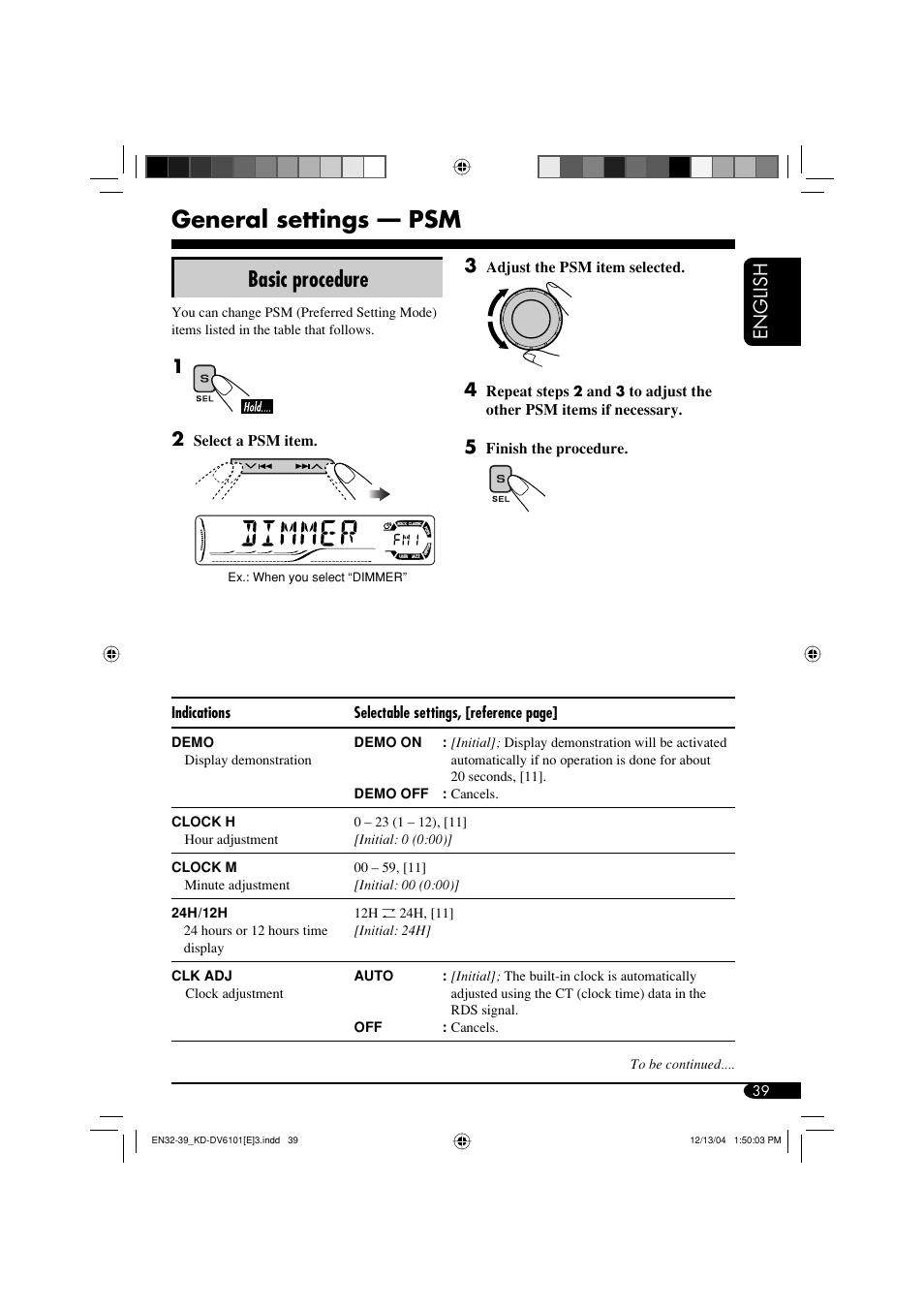 General settings — psm, Basic procedure, English | JVC KD-DV6102 User Manual | Page 39 / 68