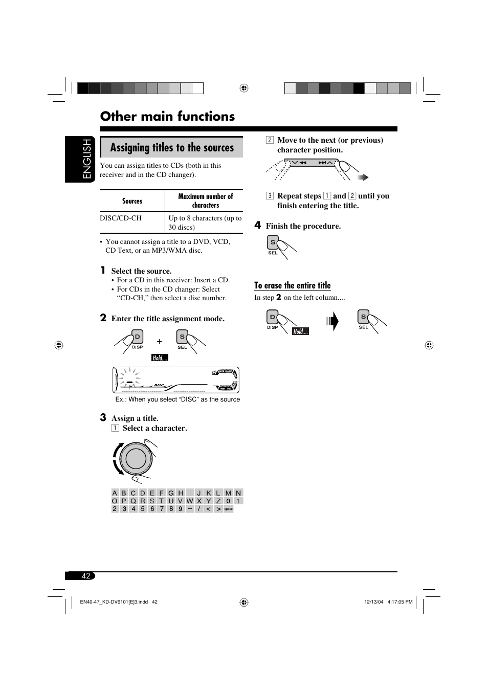 Other main functions, Assigning titles to the sources, English | JVC KD-DV6102 User Manual | Page 42 / 68