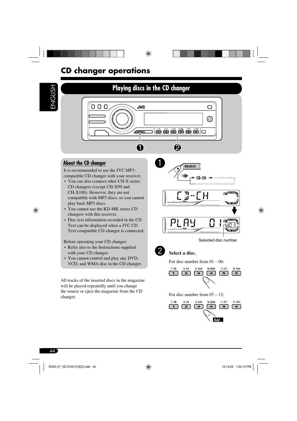 Cd changer operations, Playing discs in the cd changer, English | JVC KD-DV6102 User Manual | Page 44 / 68