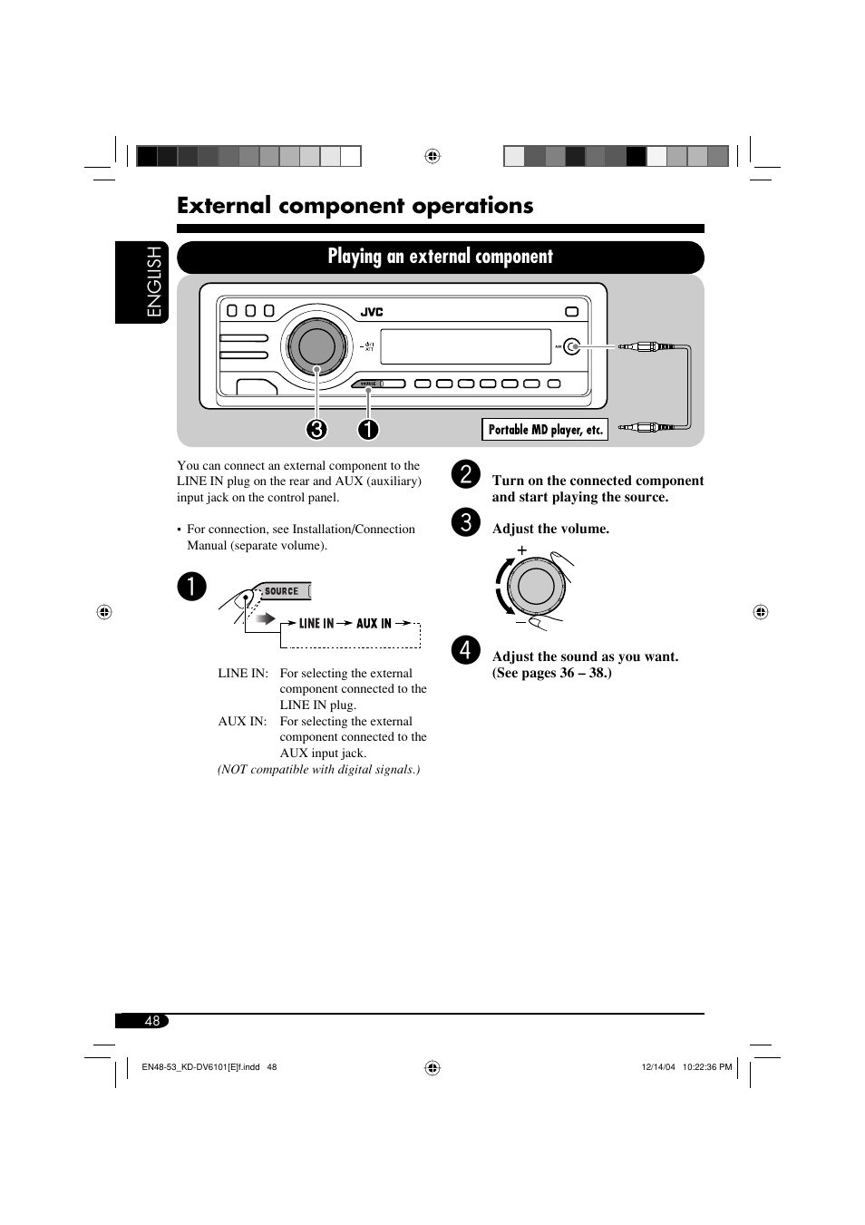 External component operations, Playing an external component | JVC KD-DV6102 User Manual | Page 48 / 68