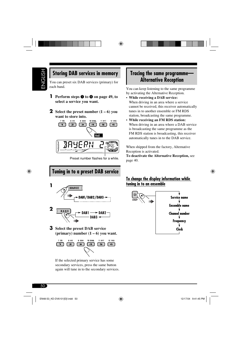 Tuning in to a preset dab service, Tracing the same programme— alternative reception | JVC KD-DV6102 User Manual | Page 50 / 68