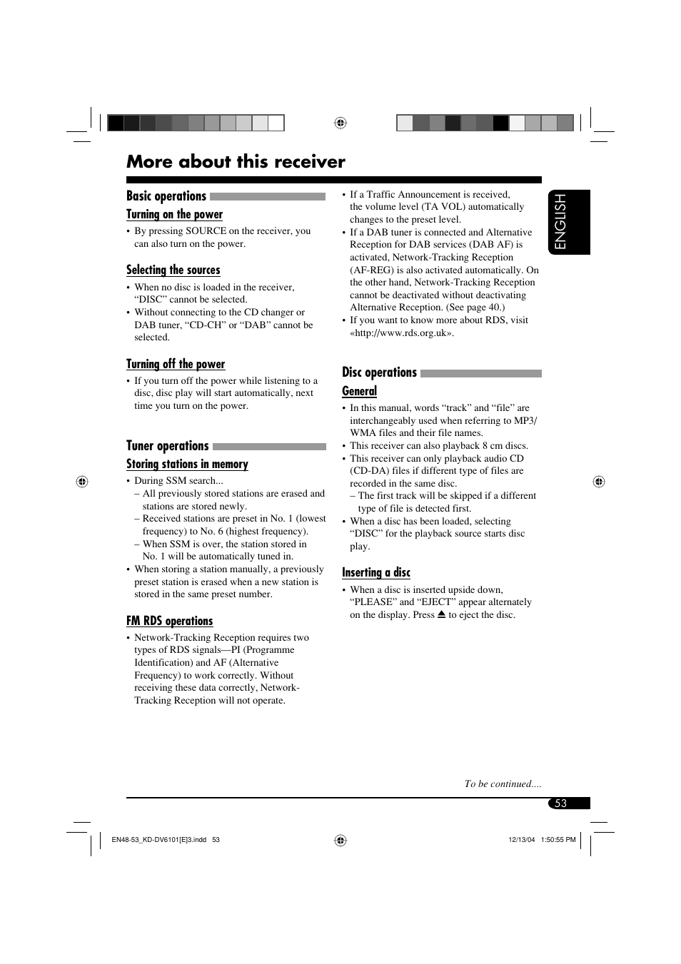 More about this receiver, English, Basic operations | Tuner operations, Disc operations | JVC KD-DV6102 User Manual | Page 53 / 68