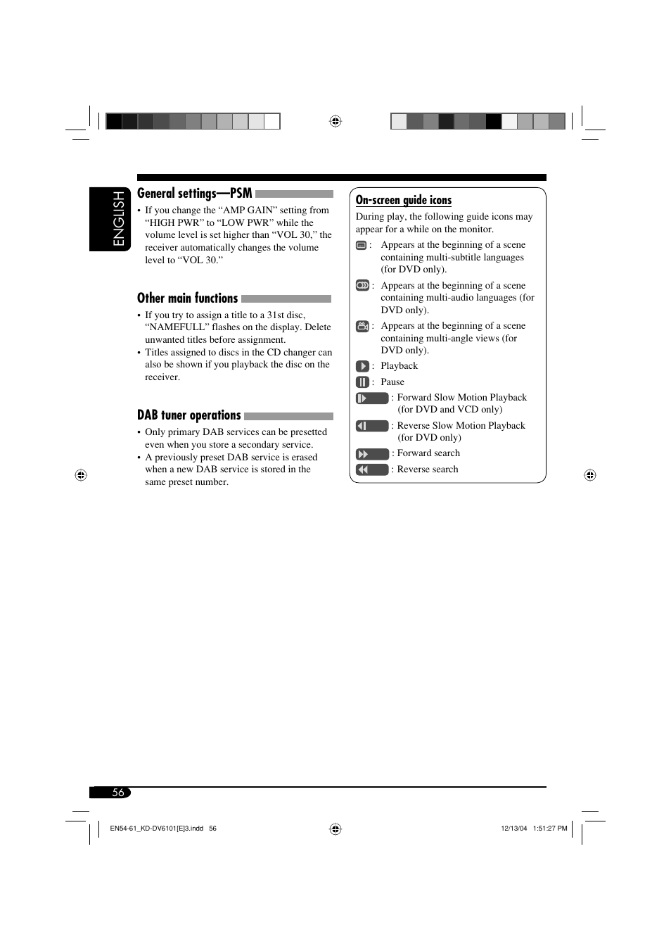 English, General settings—psm, Other main functions | Dab tuner operations | JVC KD-DV6102 User Manual | Page 56 / 68