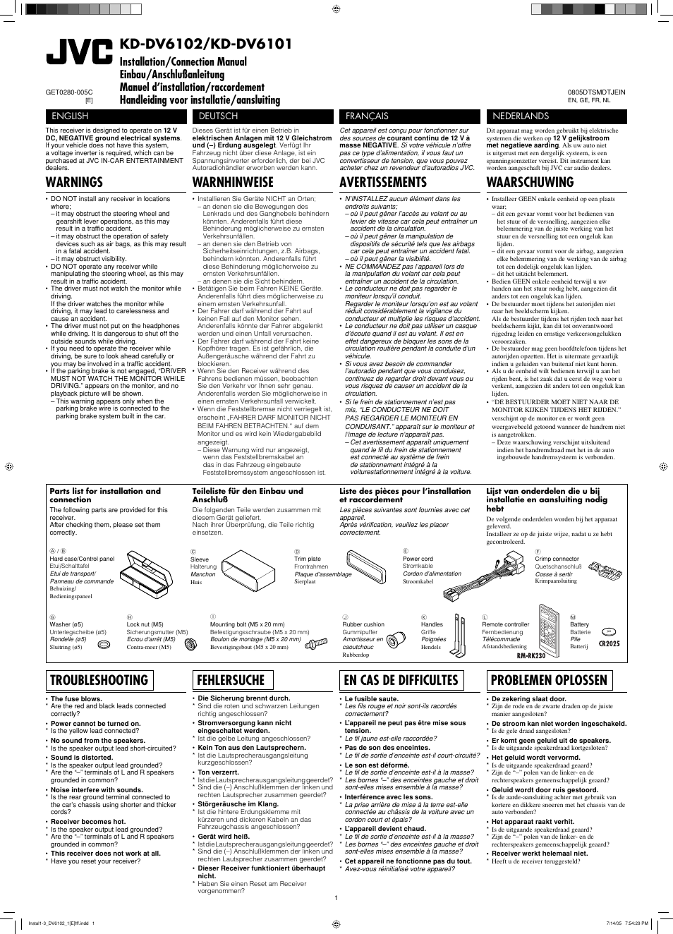 Installation/connection manual, Warnings, Troubleshooting | Warnhinweise, Avertissements, Fehlersuche, En cas de difficultes, Waarschuwing, Problemen oplossen, English | JVC KD-DV6102 User Manual | Page 63 / 68