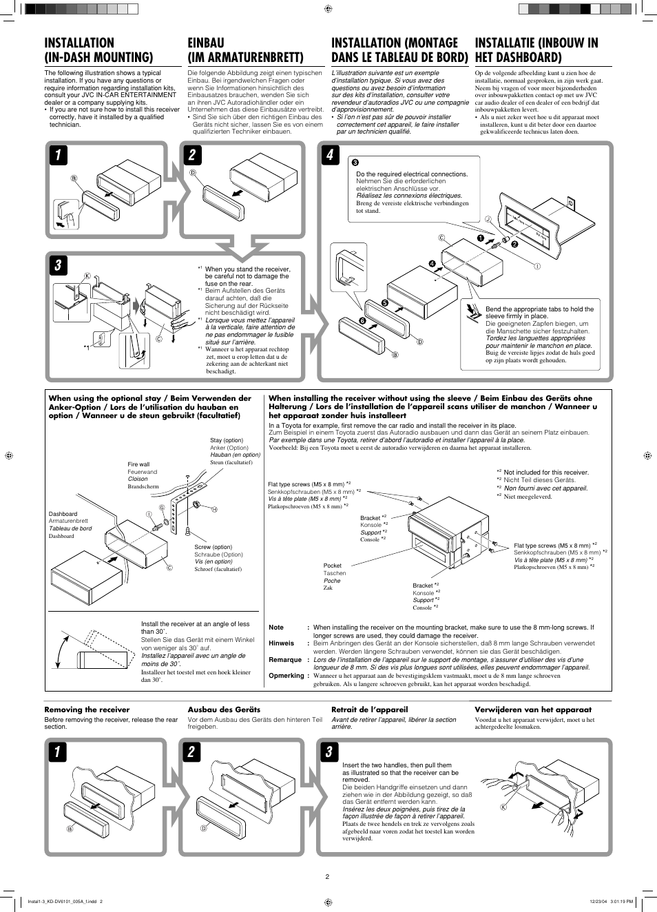 Installation (in-dash mounting), Einbau (im armaturenbrett), Installation (montage dans le tableau de bord) | Installatie (inbouw in het dashboard) | JVC KD-DV6102 User Manual | Page 64 / 68