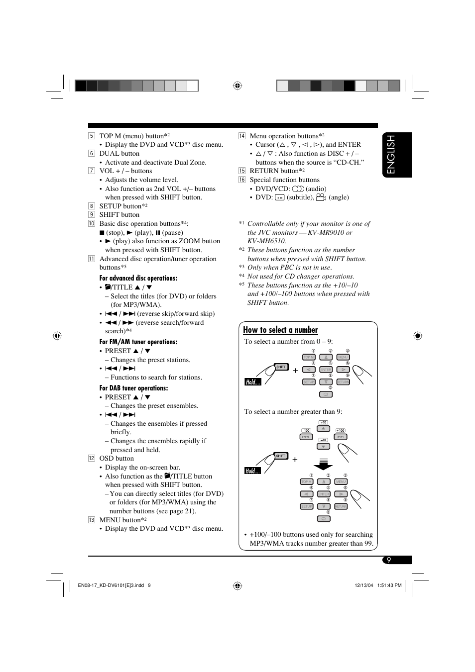 English, How to select a number | JVC KD-DV6102 User Manual | Page 9 / 68