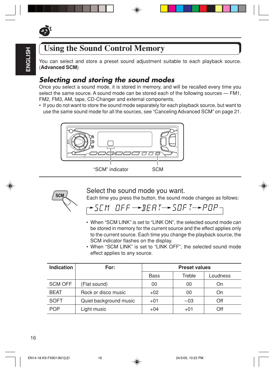 Selecting and storing the sound modes, Select the sound mode you want | JVC KS-FX801 User Manual | Page 16 / 37