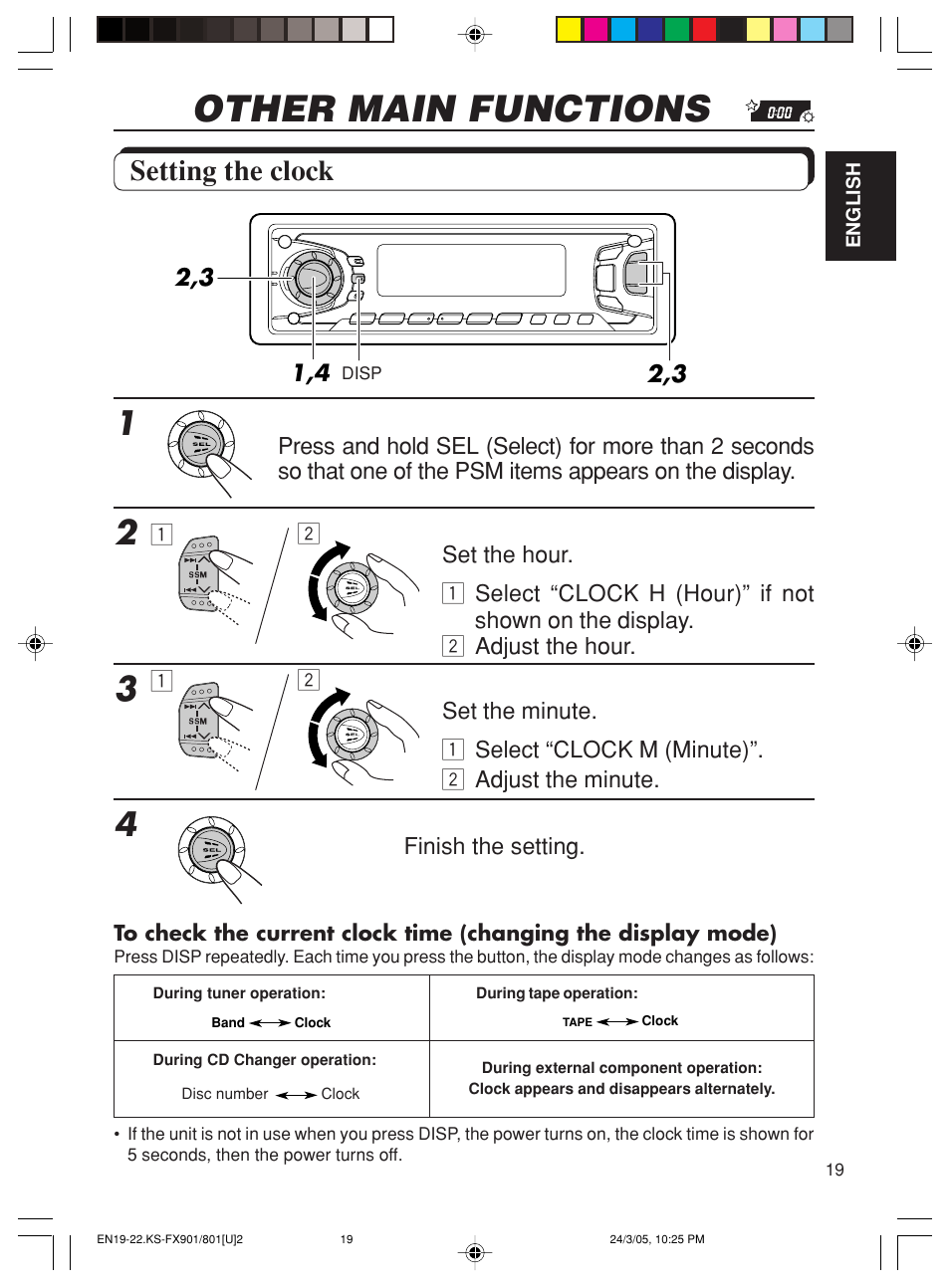 Other main functions, Setting the clock | JVC KS-FX801 User Manual | Page 19 / 37