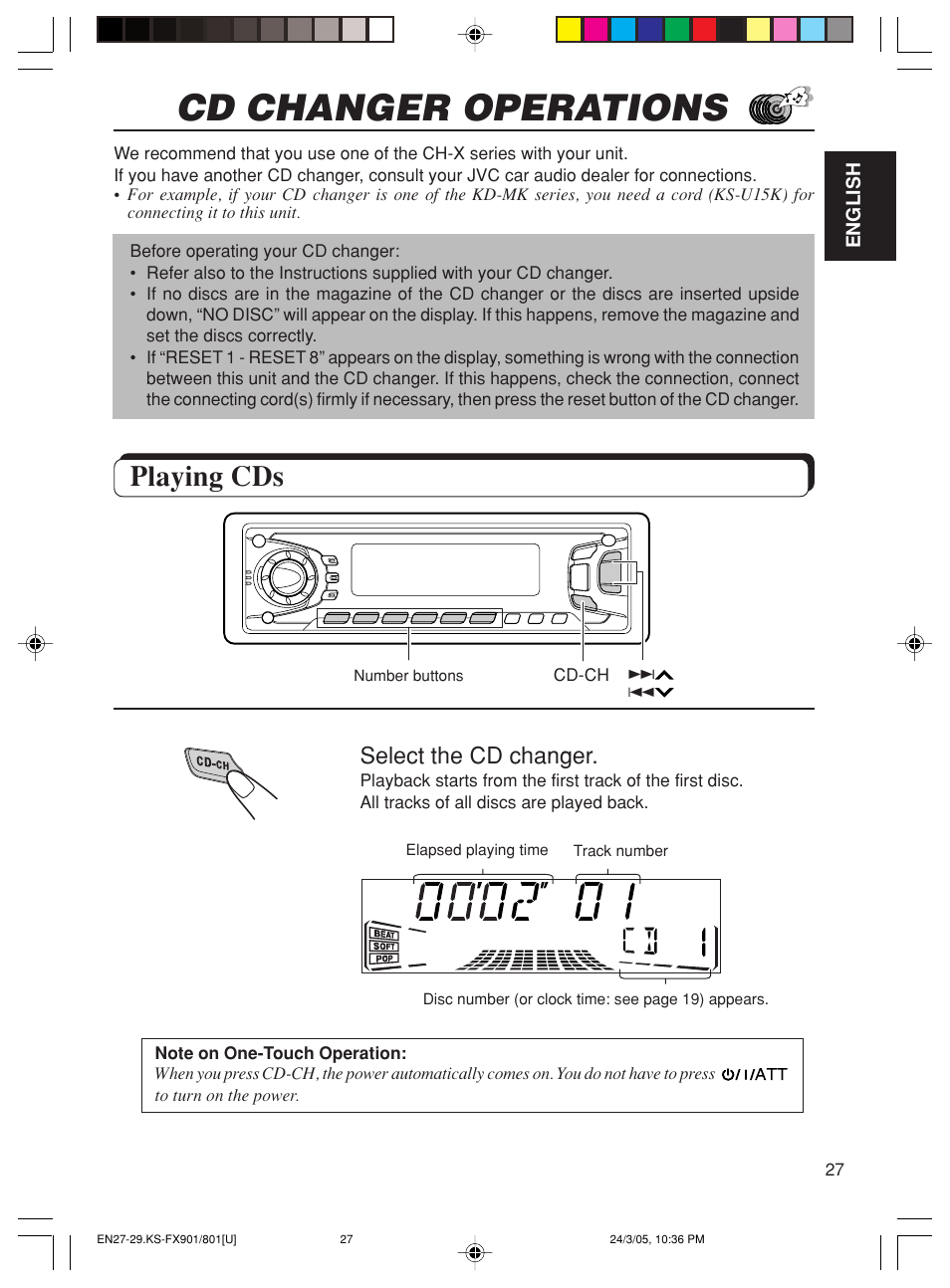 Cd changer operations, Playing cds, Select the cd changer | JVC KS-FX801 User Manual | Page 27 / 37