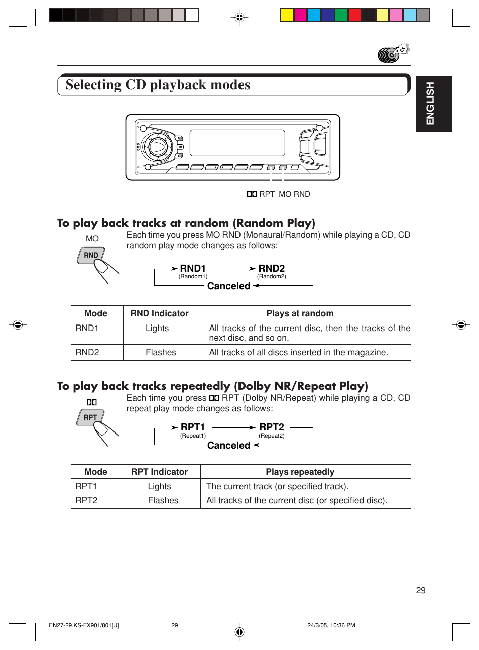 Selecting cd playback modes | JVC KS-FX801 User Manual | Page 29 / 37